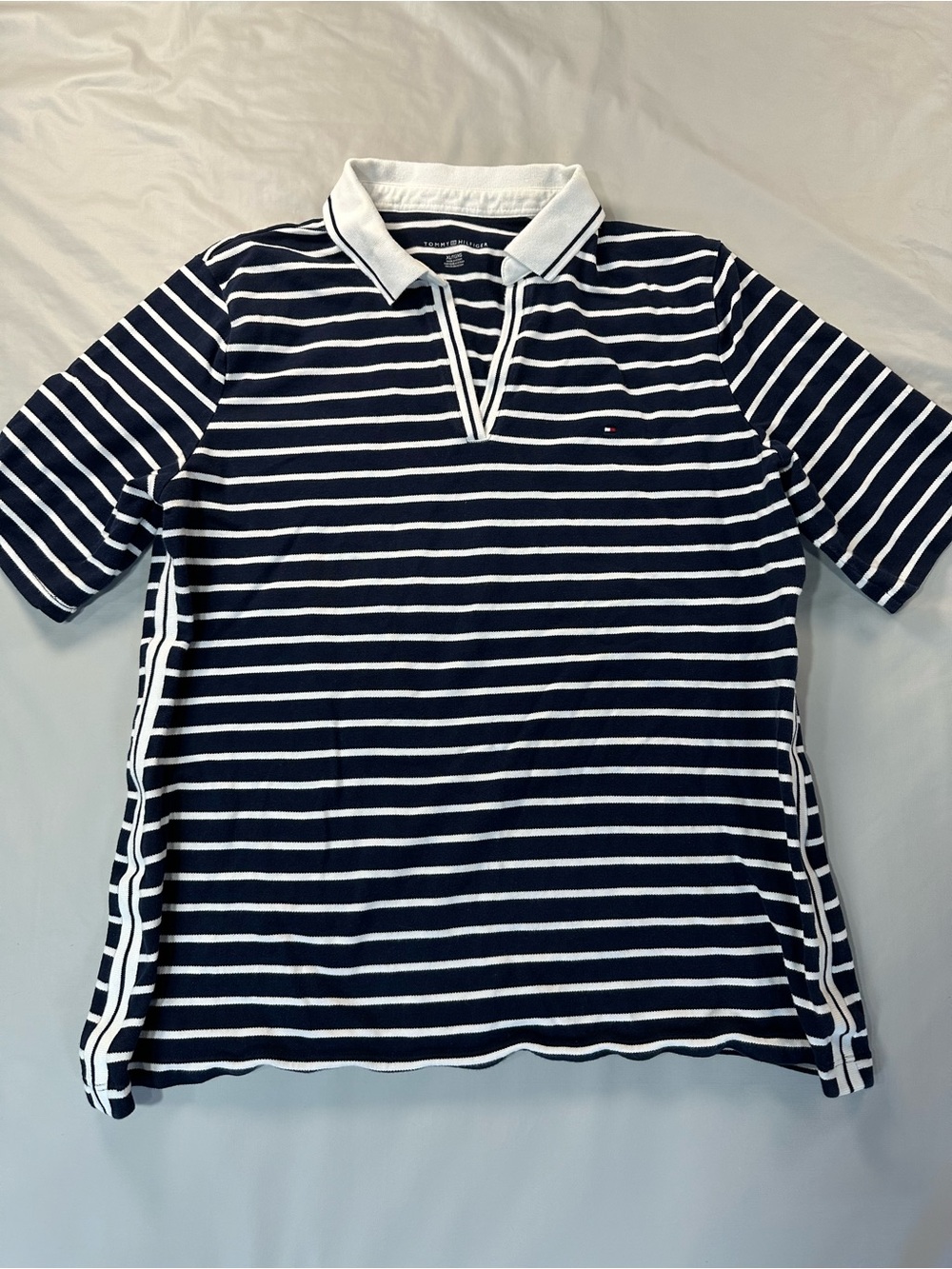 Tommy Hilfiger Navy & White Striped Polo with V-Notch Collar